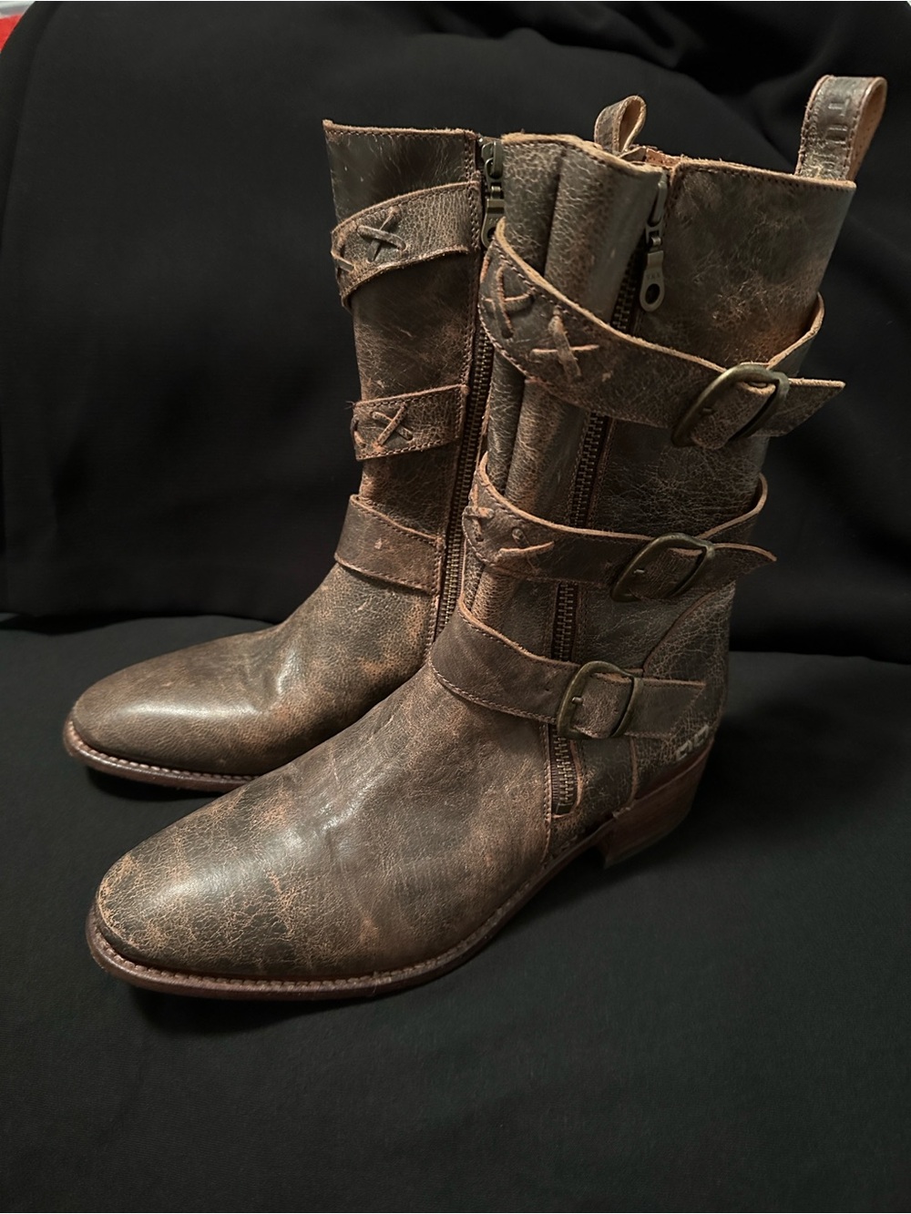 Bed Stu Brown Distressed Leather Buckle Moto Boots mid calf